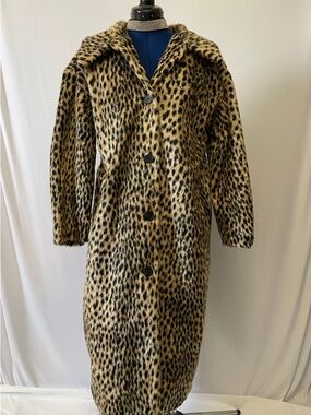 Leopard Print Faux Fur Long Coat - Tan & Black